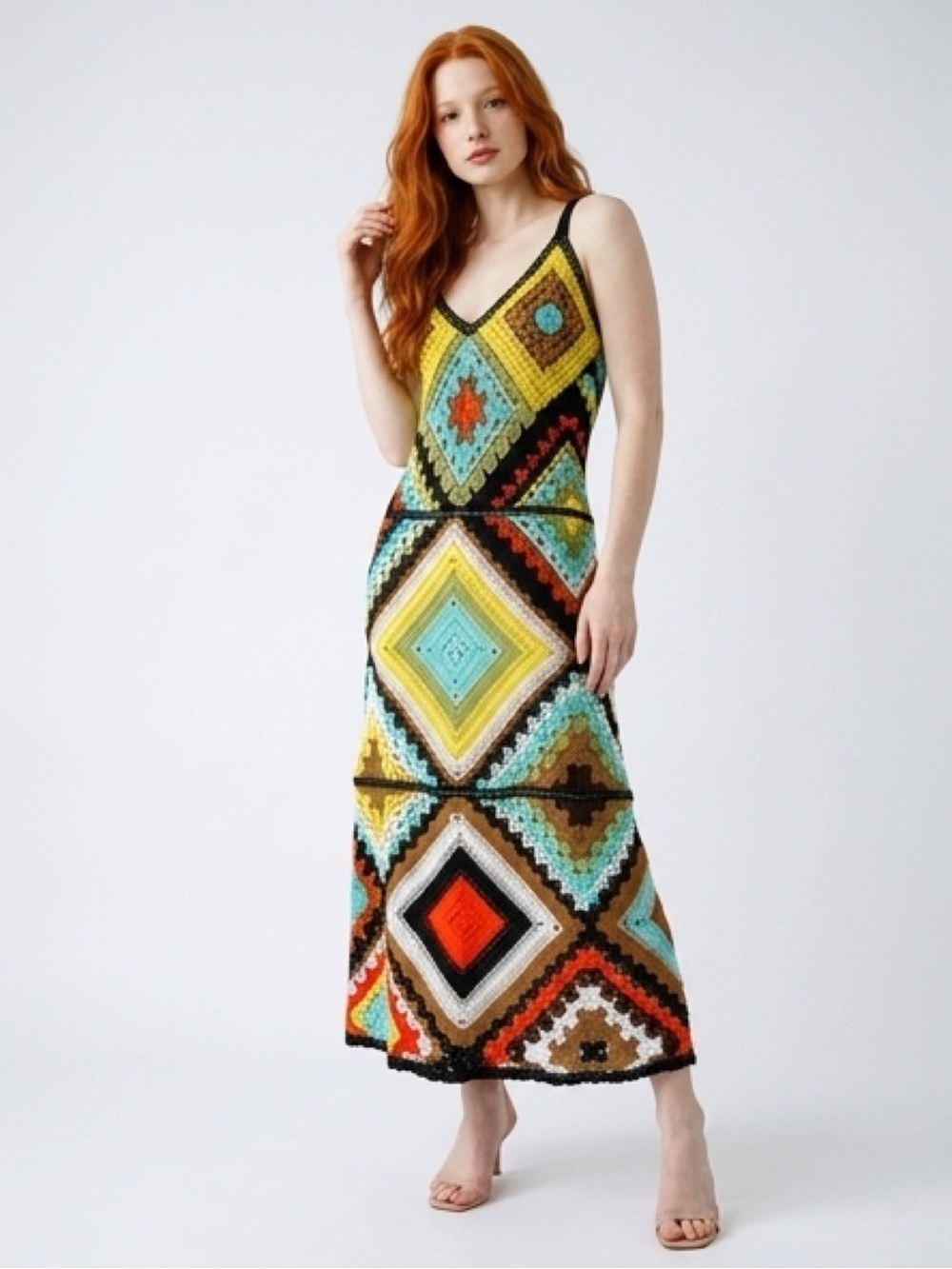 Bohemian Machine Crochet Maxi Dress with Geometric Diamond Motif - Yellow Multi